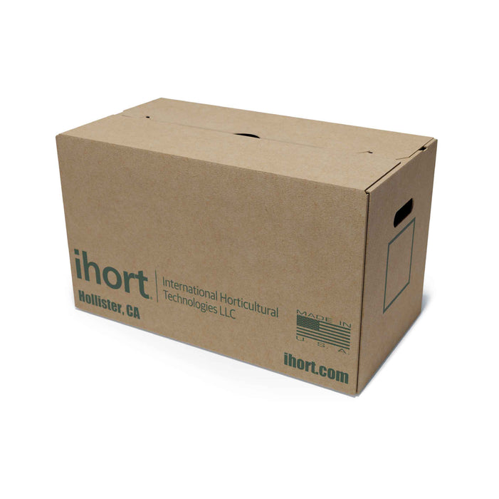 Half size cardboard case of iHort coco and peat moss grow plugs against a white background