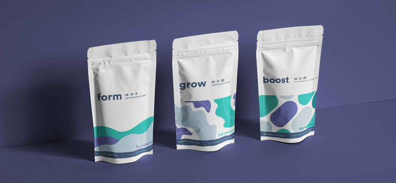 Purple background with 5lb bags of farmhand form, grow and boost 