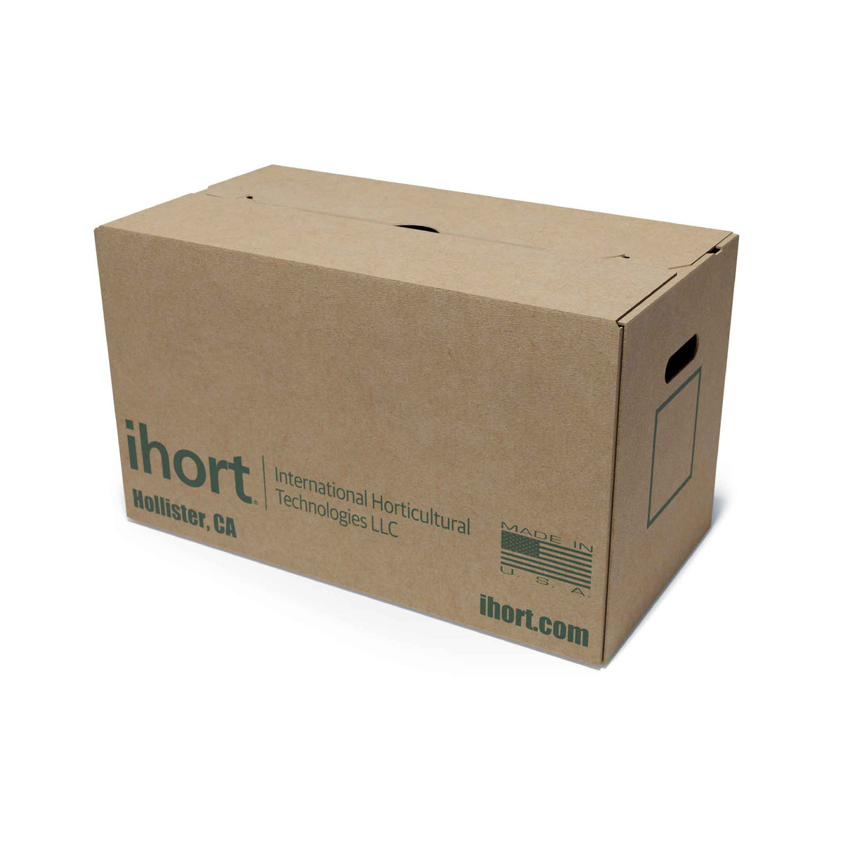 Half size cardboard case of iHort coco and peat moss grow plugs against a white background