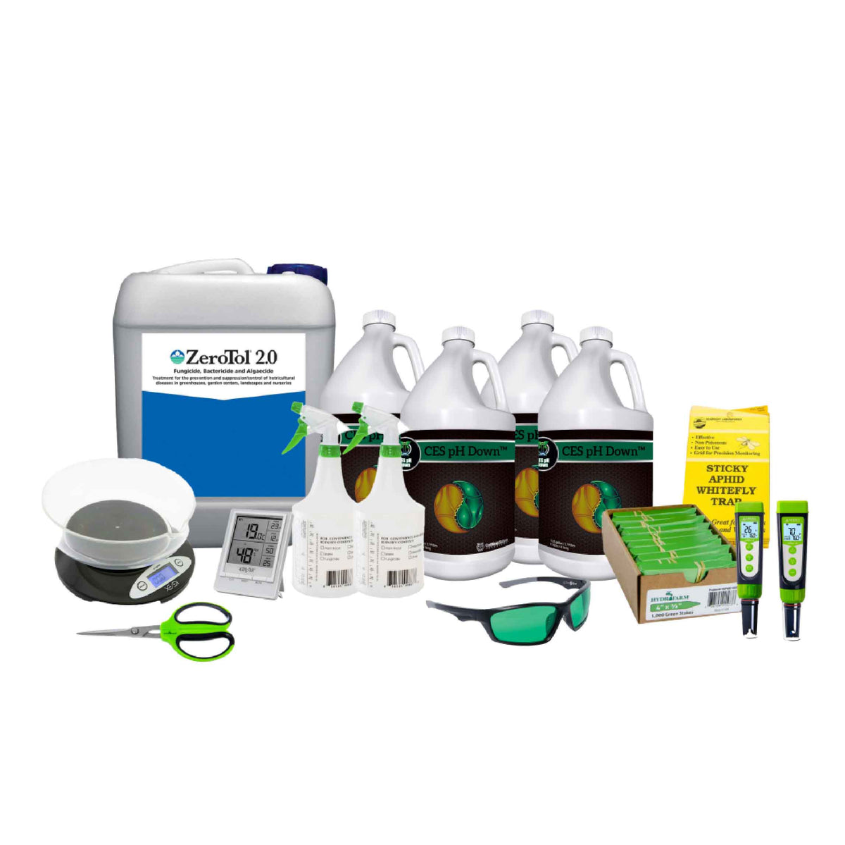 Zerotol 2.0 (2.5gal jug), Kenex Table Top Counter Scale, Bonsai Shears 60mm, Hygrometer, (2) Spray Bottles 32oz, (4) 1gal jugs of CES pH Down, Plant Stake Labels case of 1000, Aphid/Whitefly traps, GS1 PH Pen, GS3 EC Pen