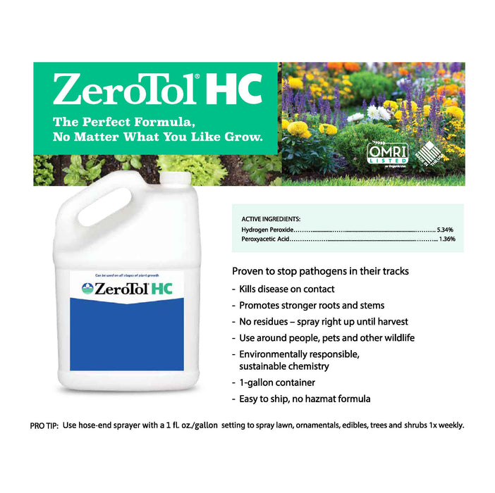 1 gallon Zerotol HC bottle with active ingredients: Hydrogen Peroxide 5.34%, Peroxyacetic acid 1.36%. Proven to shop pathogens in their tracks.